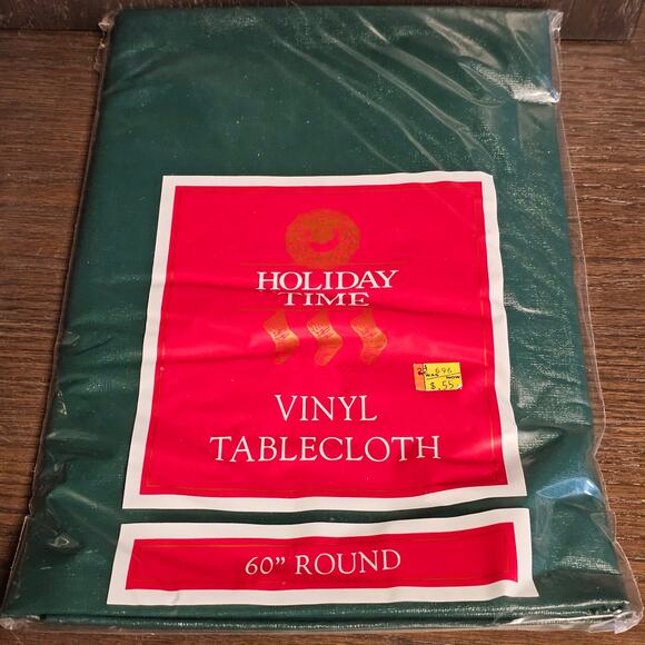 Source Unknown Other - Vintage Green Holiday Time Vinyl Tablecloth 60" Round New Old Stock NOS